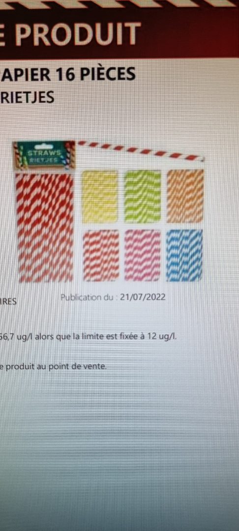 Pailles rayees papier 16 pieces Straws Rietjes : photo du produit rappelé le 28/07/2022
