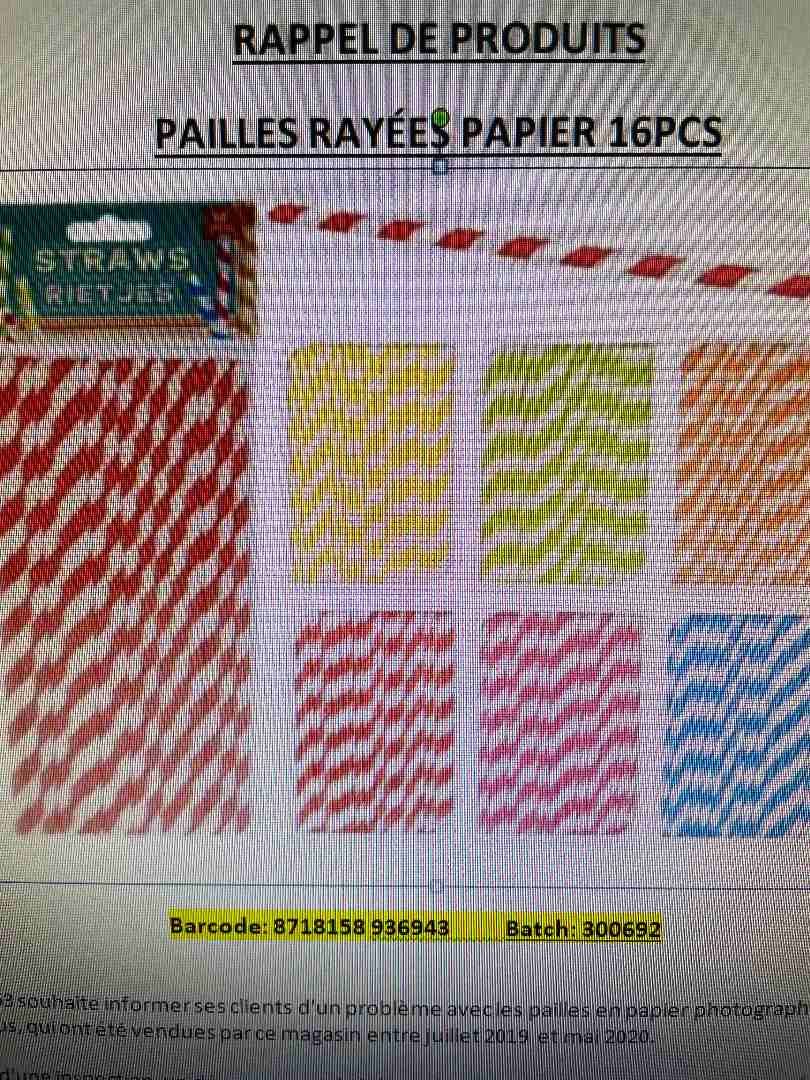 Pailles rayées papier 16pc Straws Rietjes : photo du produit rappelé le 29/07/2022