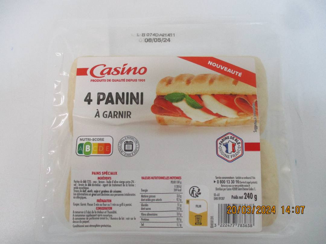 Panini x4 - 240g Casino : photo du produit rappelé le 21/03/2024