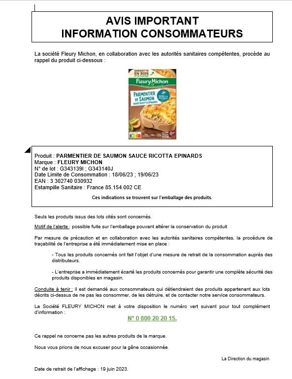 Parmentier de saumon sauce ricotta epinards Fleury Michon : photo 2 sur 2 du produit rappelé le 24/05/2023