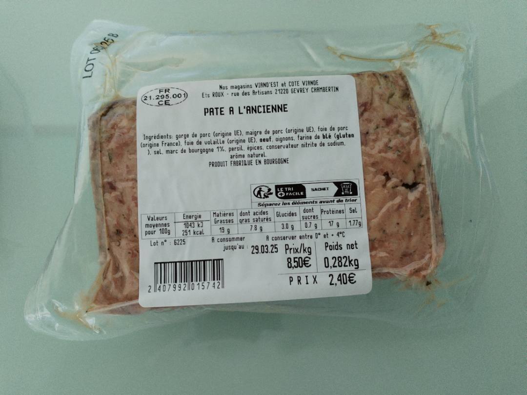 Pate a l'ancienne, pate grand mere, pate forestier en tranche Roux : photo du produit rappelé le 19/03/2025