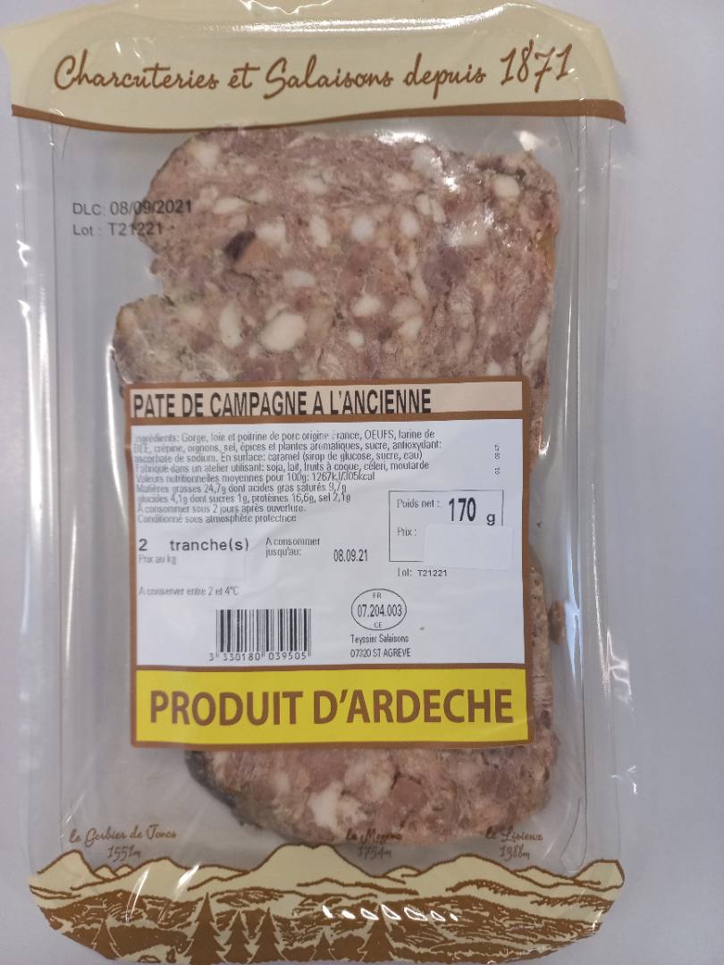 Pate de campagne a l'ancienne Salaisons de la Haute Ardèche : photo du produit rappelé le 25/08/2021