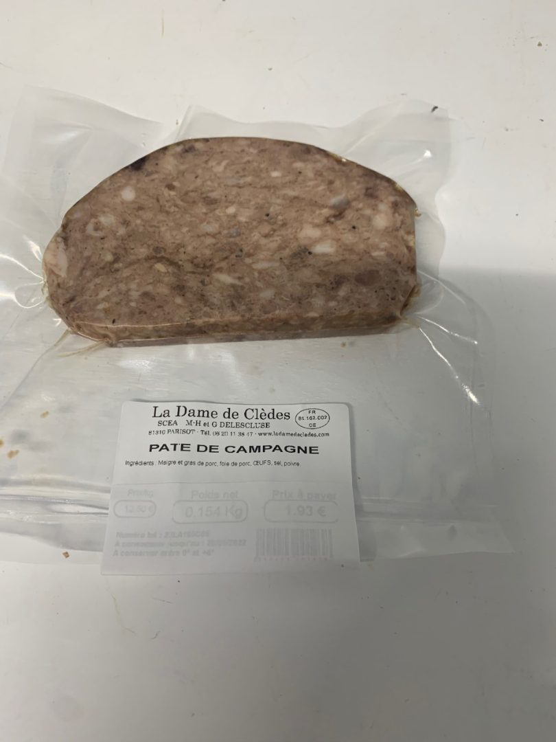 Pate de campagne La Dame de Clèdes : photo du produit rappelé le 22/04/2022