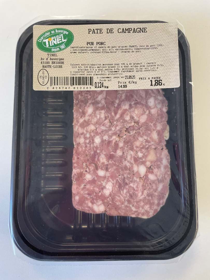 Pate de campagne pur porc Tinel : photo du produit rappelé le 05/09/2025