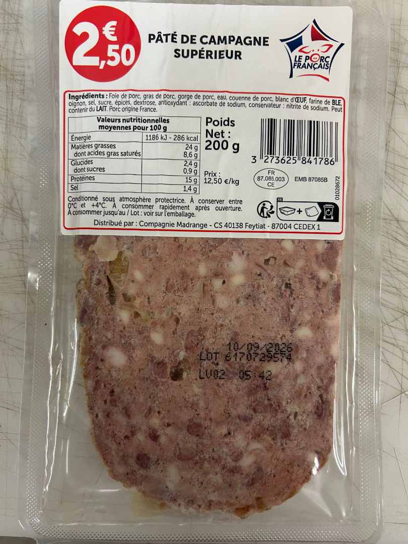 Pâté de campagne supérieure 200g : photo du produit rappelé le 20/08/2026