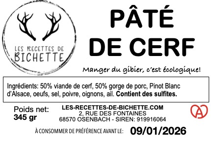 Pâté de cerf, de biche, de daim et de chamois Les Recettes de Bichette : photo 2 sur 5 du produit rappelé le 21/05/2024