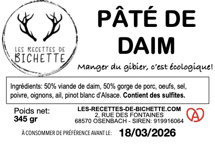 Pâté de cerf, de biche, de daim et de chamois Les Recettes de Bichette : photo 5 sur 5 du produit rappelé le 21/05/2024