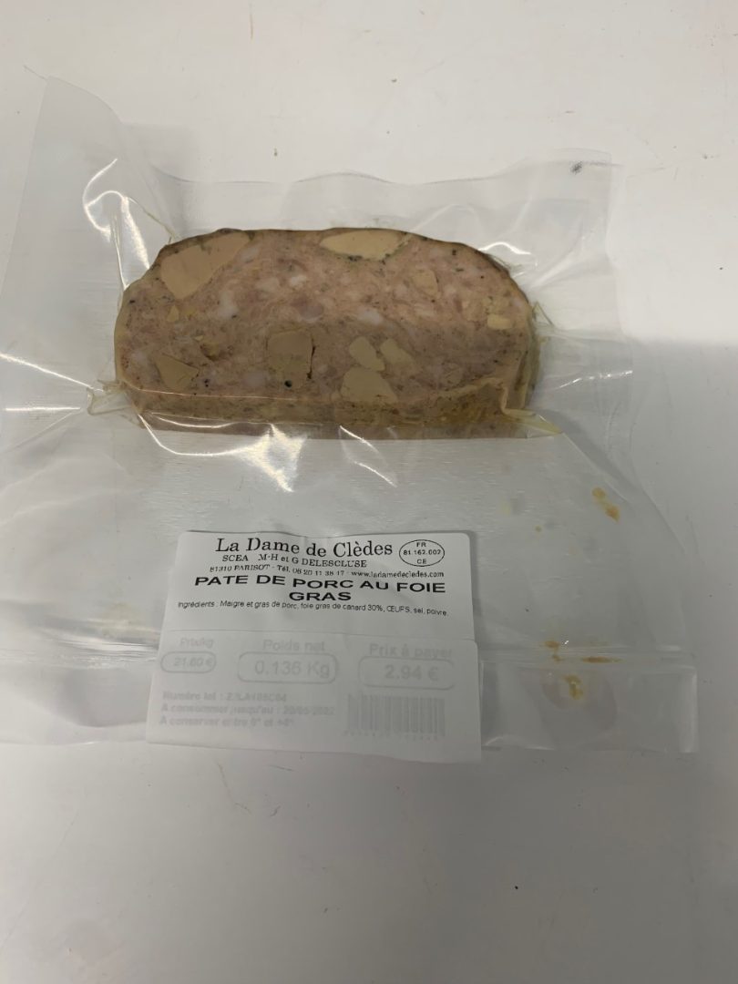 Pate de porc au foie gras La Dame de Clèdes : photo du produit rappelé le 22/04/2022