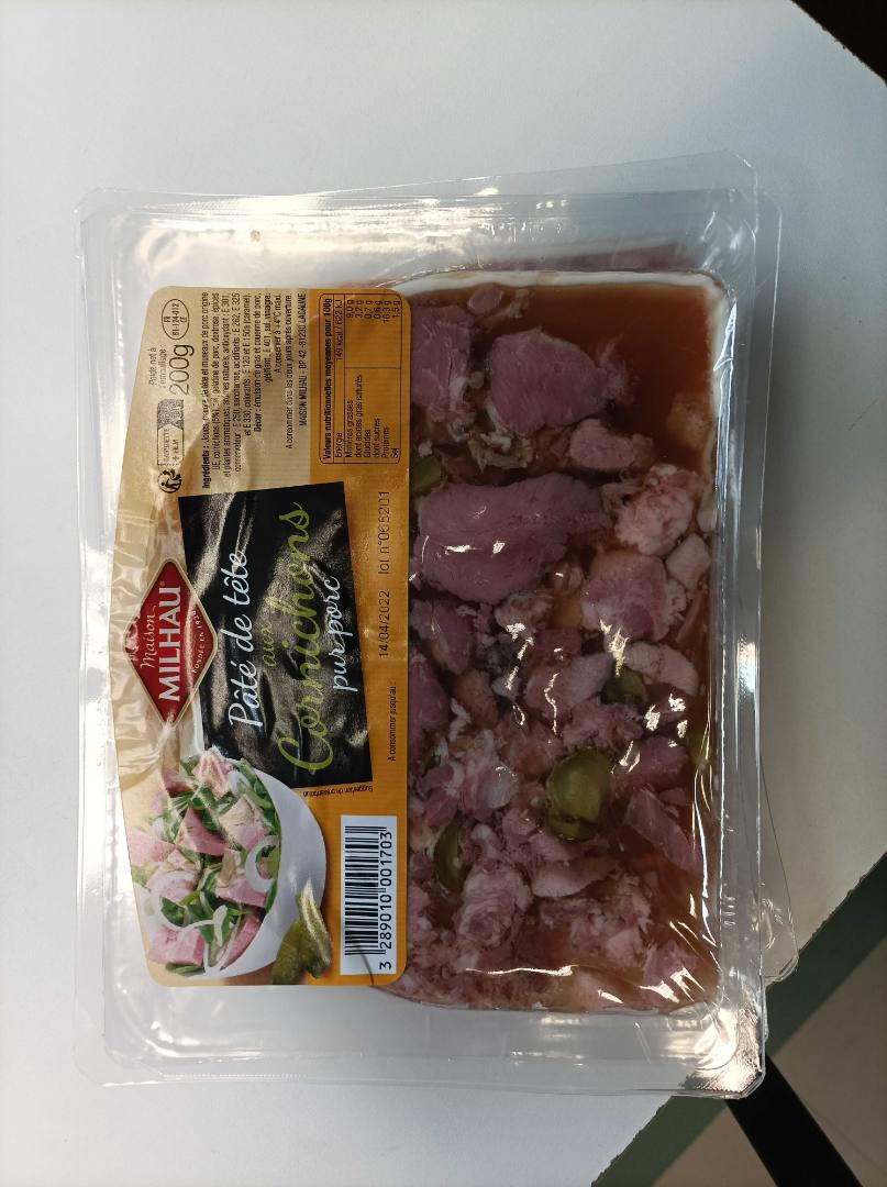 Pâté de tête aux cornichons pur porc Maison Milhau : photo du produit rappelé le 15/03/2022