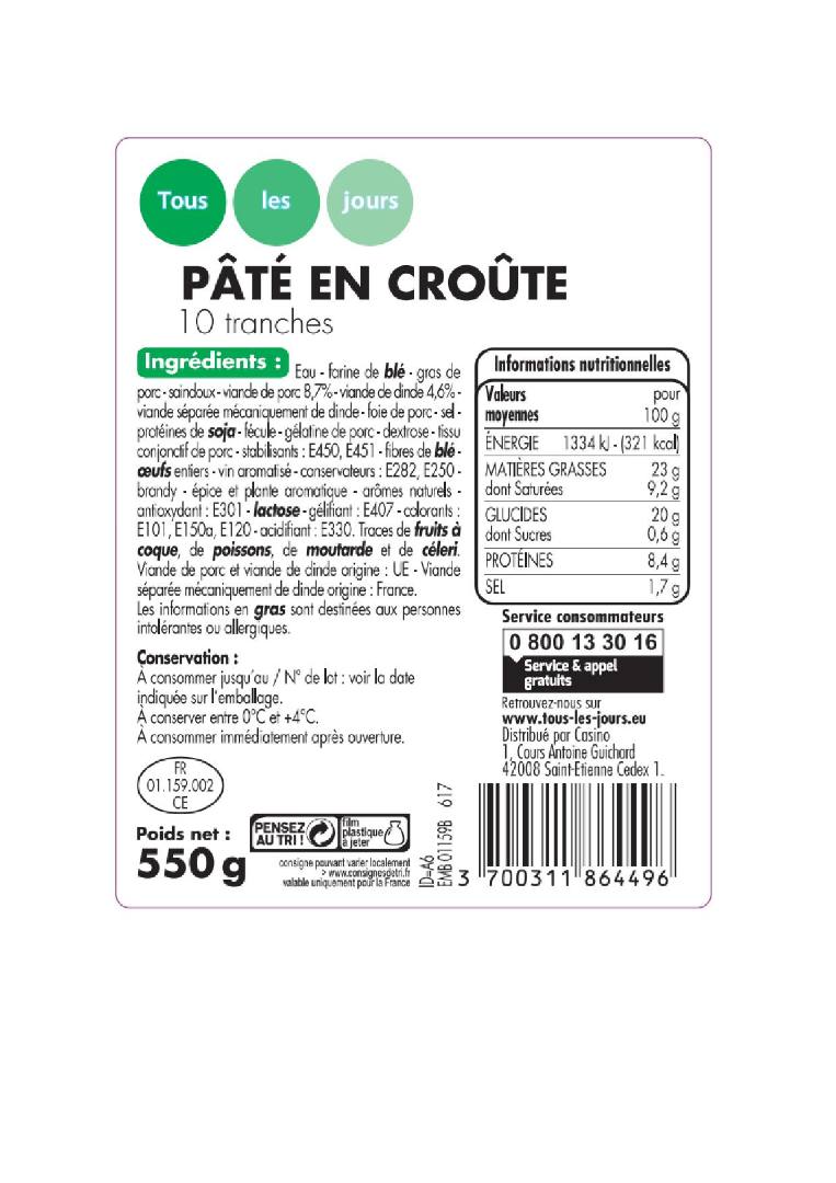 Pâté en croûte aux pistaches et nature Casino : photo 2 sur 2 du produit rappelé le 17/10/2022