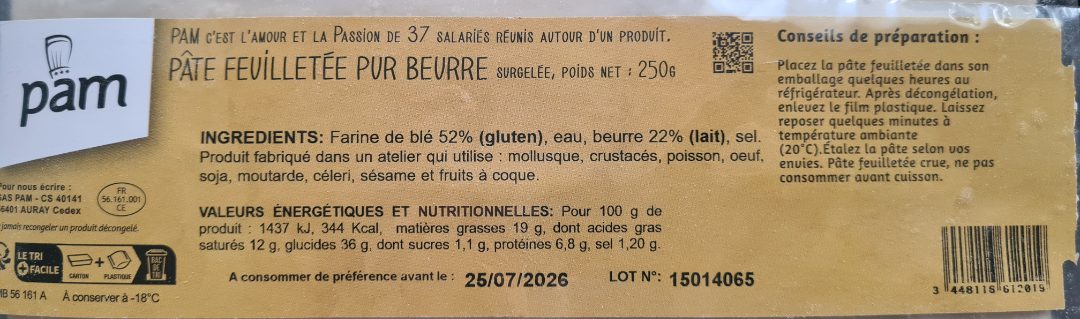 Pate feuilletee pur beurre Pam : photo 3 sur 3 du produit rappelé le 26/05/2025