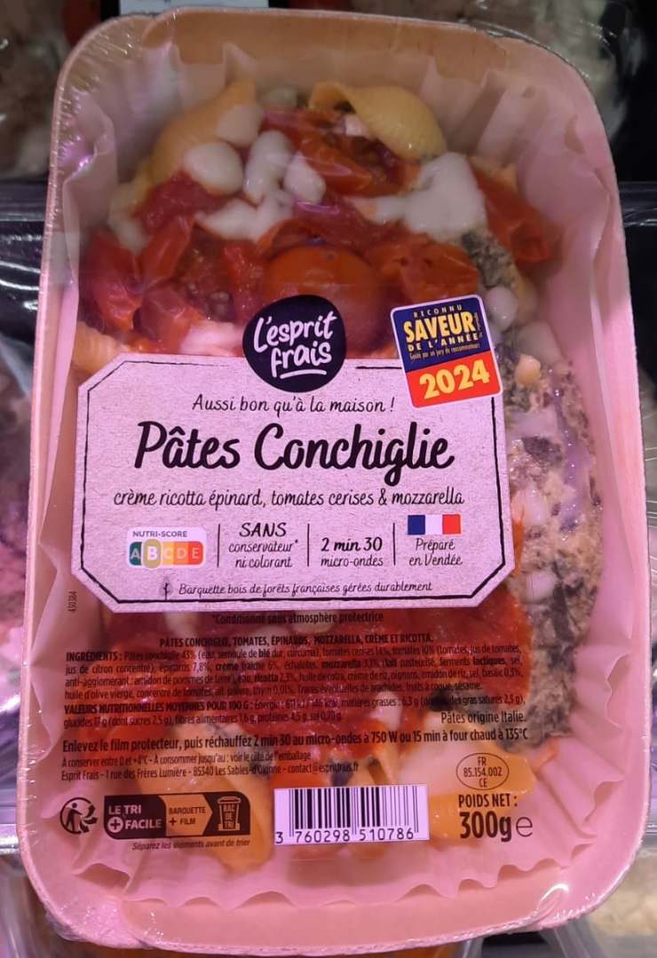 Pâtes conchiglie, crème ricotta épinard tomates cerises L'Esprit Frais : photo du produit rappelé le 30/10/2024