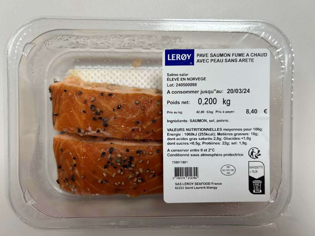 Pave de saumon fume a chaud avec peau sans arete Leroy : photo du produit rappelé le 15/03/2024