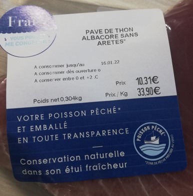 Pavé de thon albacore frais 250g : photo du produit rappelé le 12/01/2022