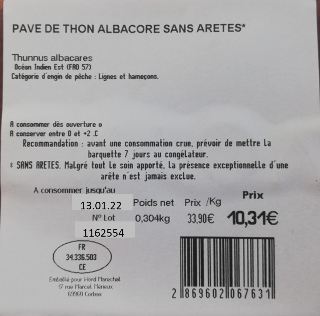 Pavé de thon albacore frais 250g : photo 2 sur 2 du produit rappelé le 12/01/2022