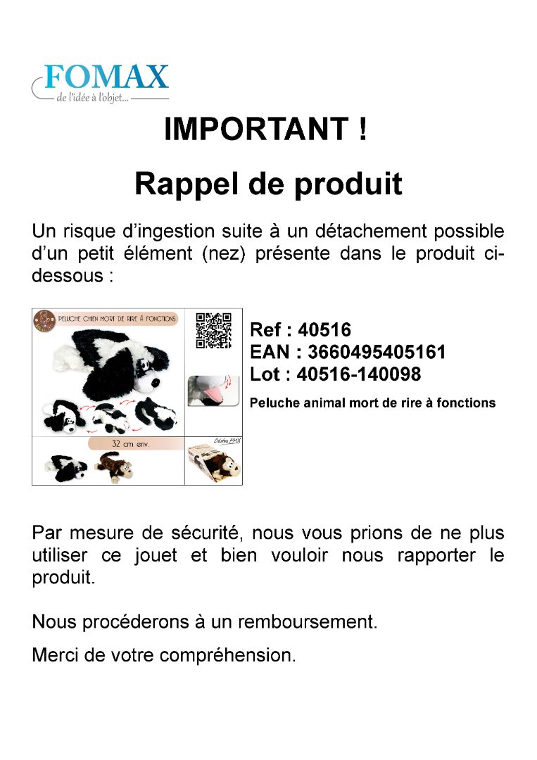 Peluche animal mort de rire à fonctions Maxicâlin : photo du produit rappelé le 07/09/2022