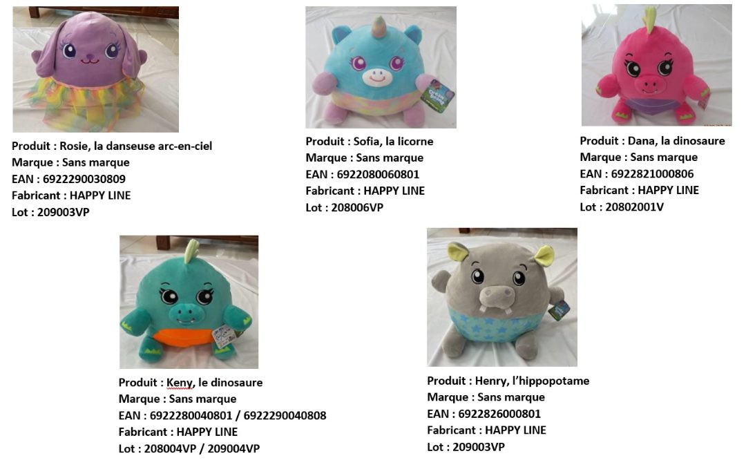 Peluches animaux dream beams : photo du produit rappelé le 10/11/2022
