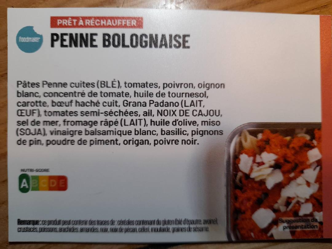 Penne bolognaise avec parmesan Foodmaker : photo du produit rappelé le 29/11/2022