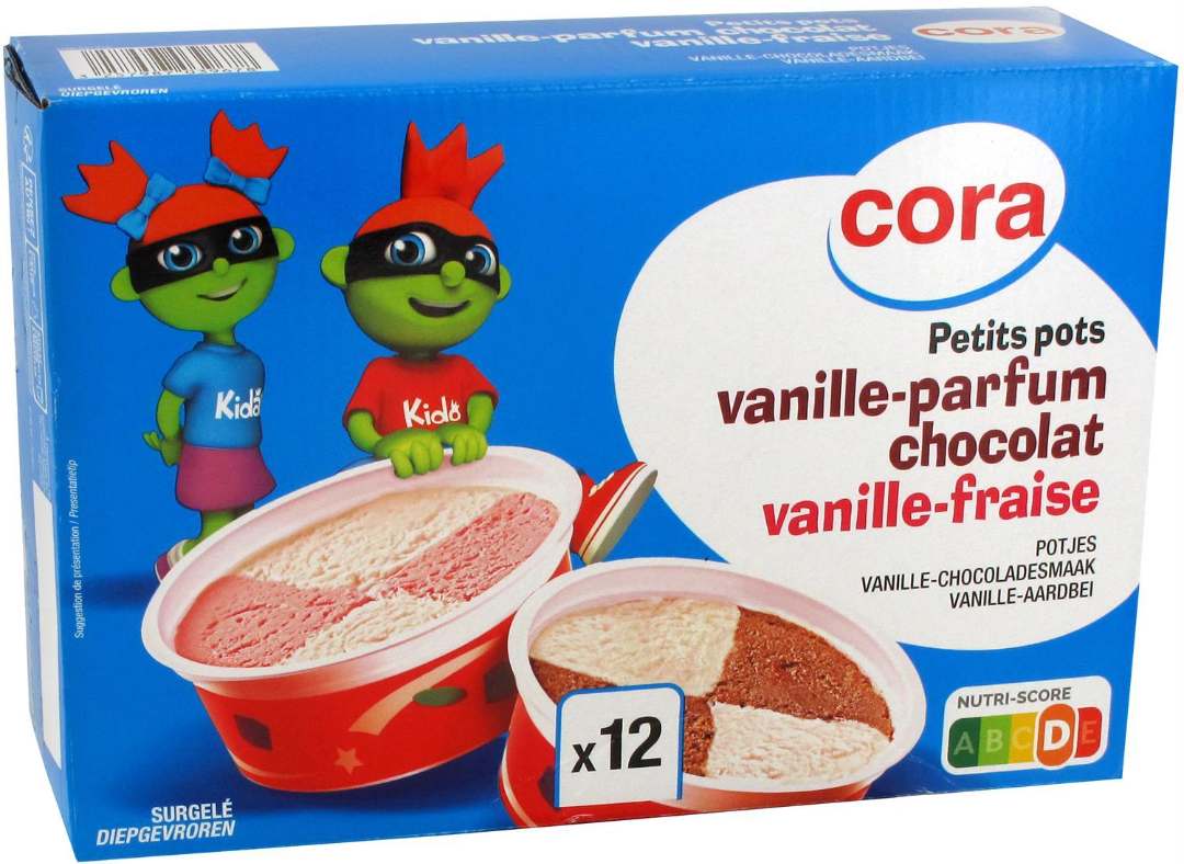 Petit pot x12 vanille/fraise-vanille/parfum chocolat Cora 368g : photo du produit rappelé le 29/07/2021