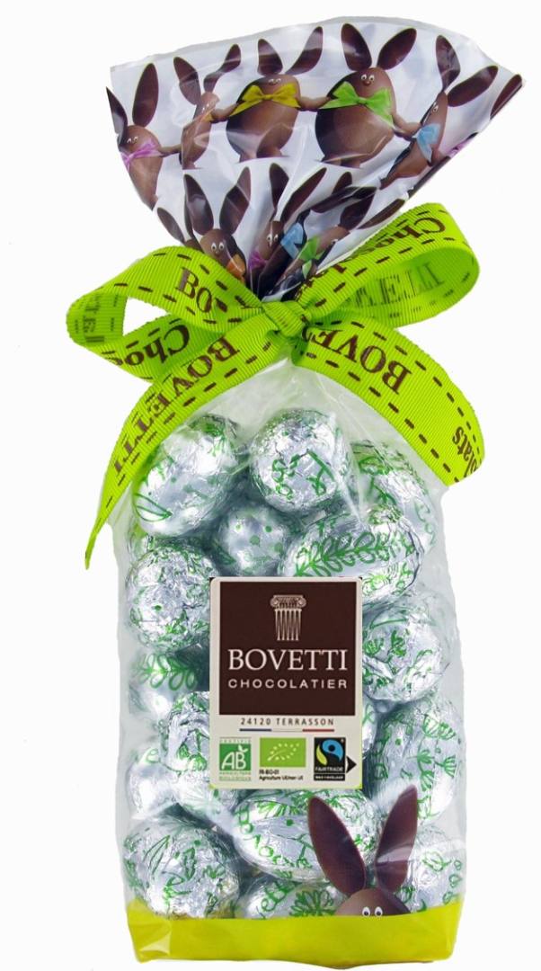 Petits œufs fourrés praliné chocolat noir bio Bovetti Chocolats : photo du produit rappelé le 08/07/2022