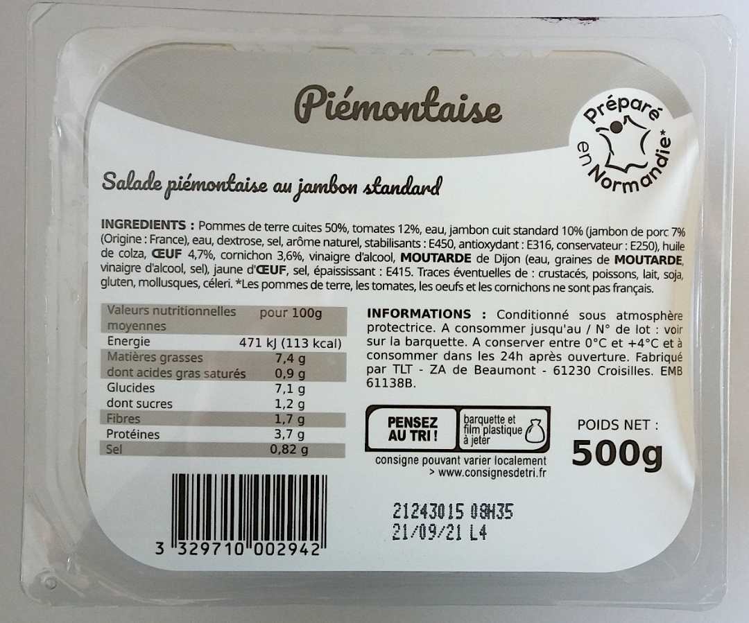 Piemontaise : photo du produit rappelé le 09/06/2022