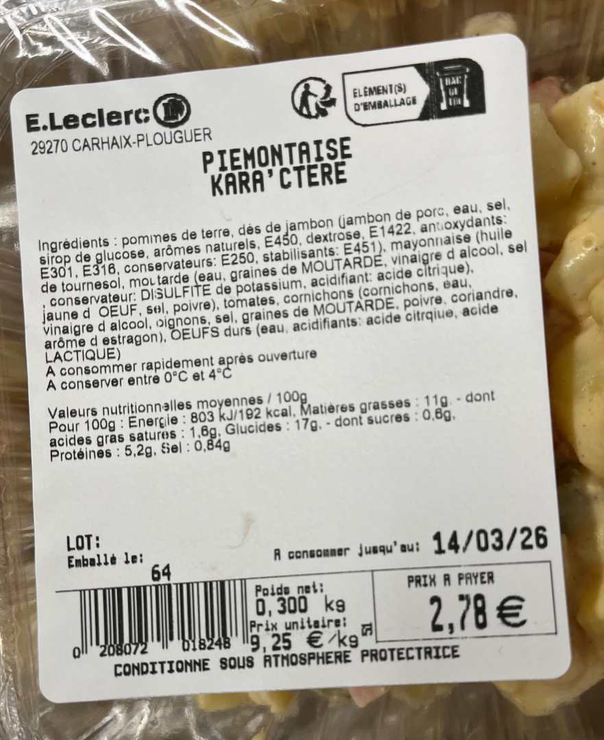 Piemontaise Kara'ctere : photo du produit rappelé le 10/03/2026