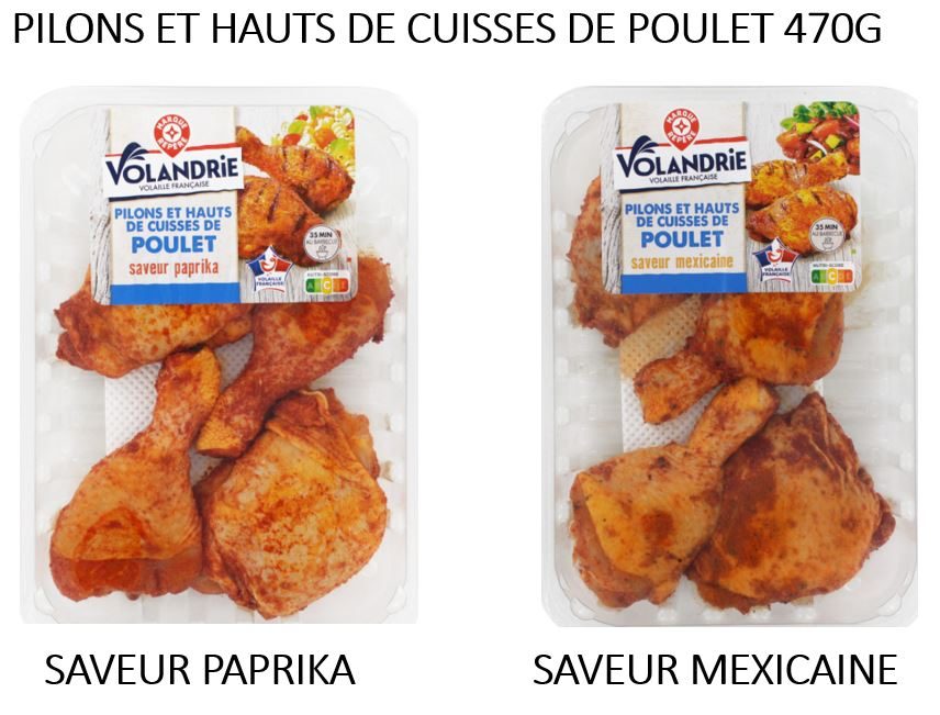 Pilons et hauts de cuisses de poulet 470g : saveur paprika Volandrie : photo du produit rappelé le 24/04/2024
