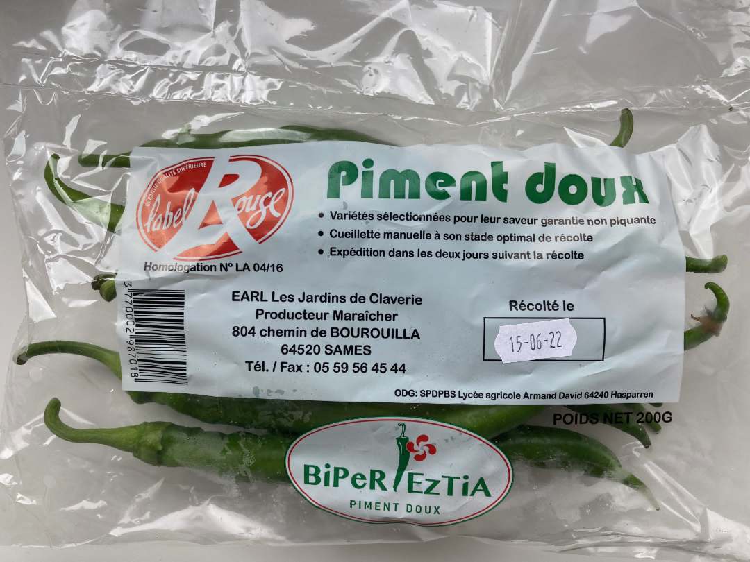 Piments vert doux conditionnés en sachet 200g Biper Etzia : photo du produit rappelé le 24/06/2022