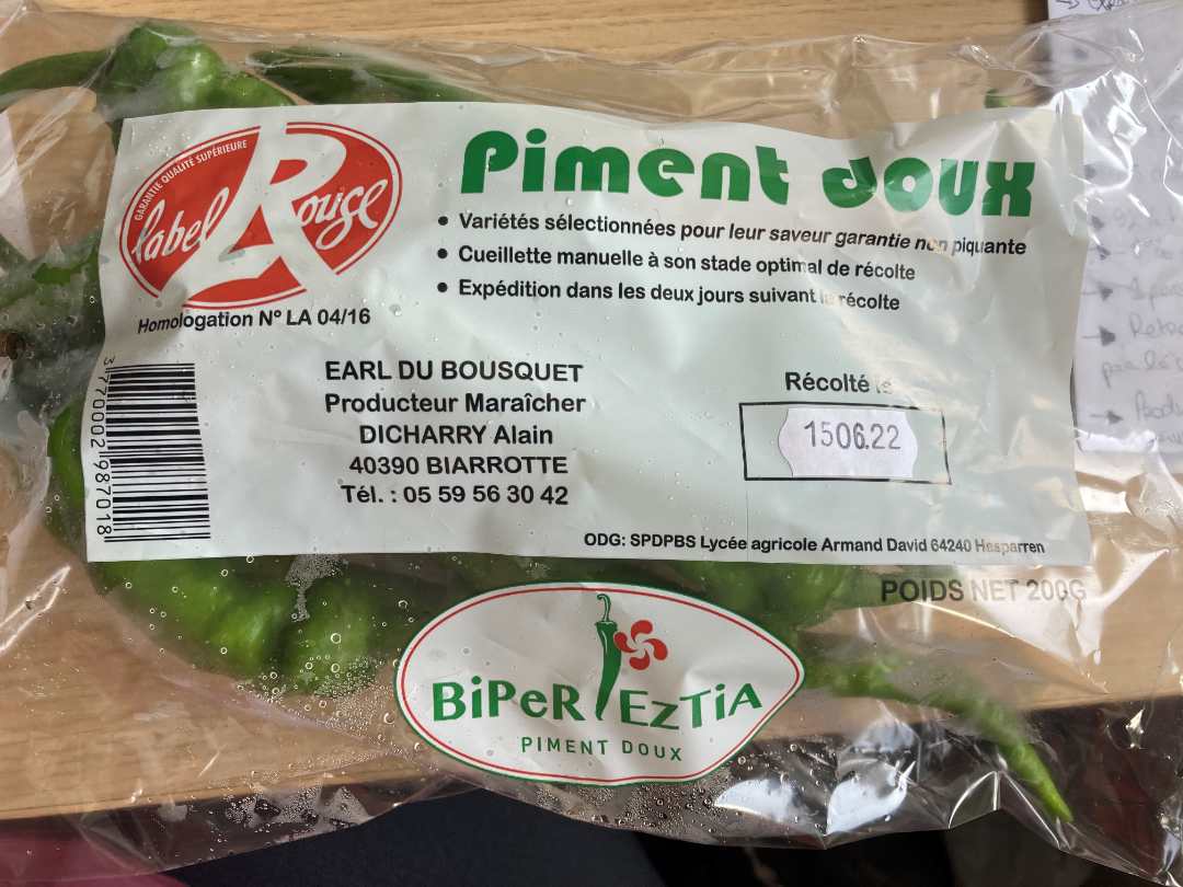 Piments vert doux conditionnés en sachet 200g Biper Etzia : photo 2 sur 2 du produit rappelé le 24/06/2022