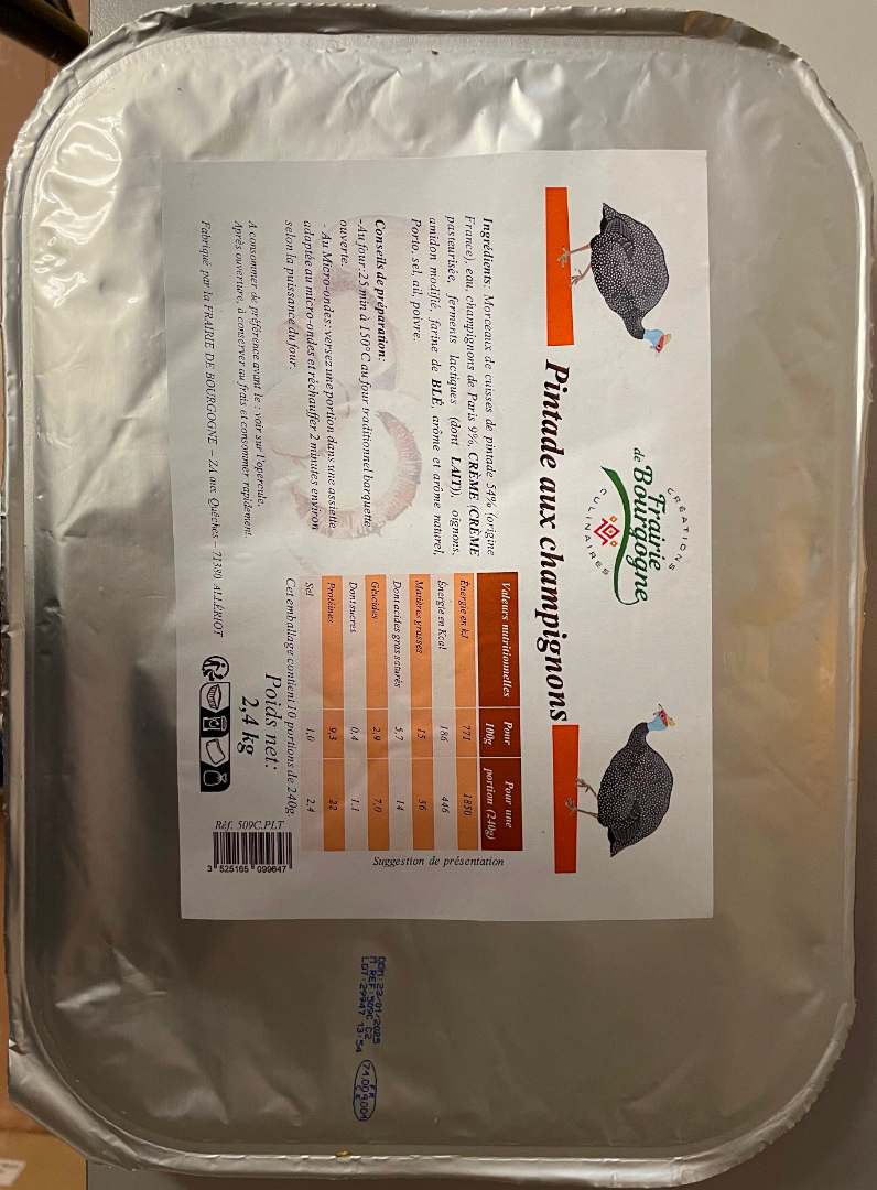 Pintade aux champignons 2,4kg La Frairie de Bourgogne : photo du produit rappelé le 30/10/2023