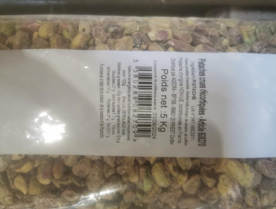 Pistache decortiquee 200 gr et pistache decortiquee sac 5 kg : photo 3 sur 3 du produit rappelé le 23/02/2023