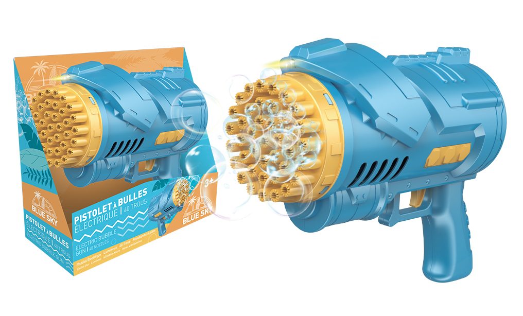 Pistolet a bulles electrique 23 cm - 40 trous - lumineux - liquide Blue Sky : photo du produit rappelé le 24/06/2025