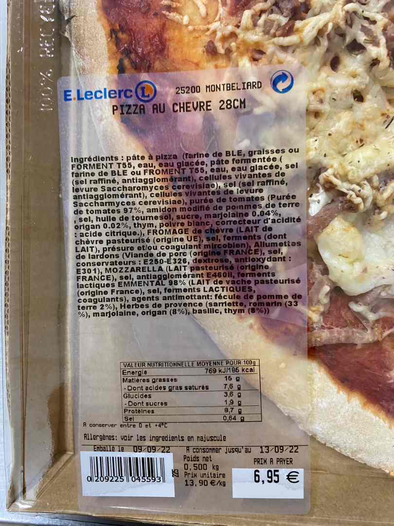 Pizza au chèvre E.Leclerc Montbeliard : photo 2 sur 2 du produit rappelé le 12/09/2022