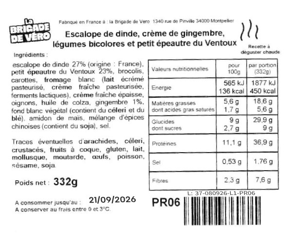 Plat cuisiné : escalope de dinde, crème de gingembre La Brigade de Vero : photo du produit rappelé le 02/10/2026
