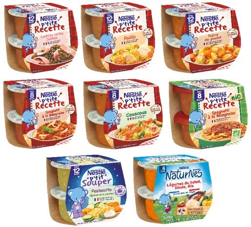 Plats complets pour bébé Nestlé® P’tite Recette, Nestlé® Naturnes® : photo du produit rappelé le 18/04/2025