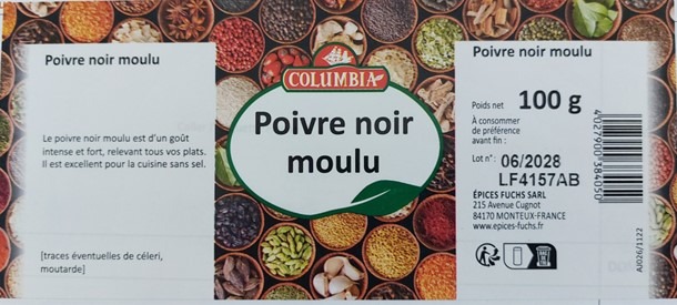 Poivre noir moulu 100g columbia : photo du produit rappelé le 26/05/2025