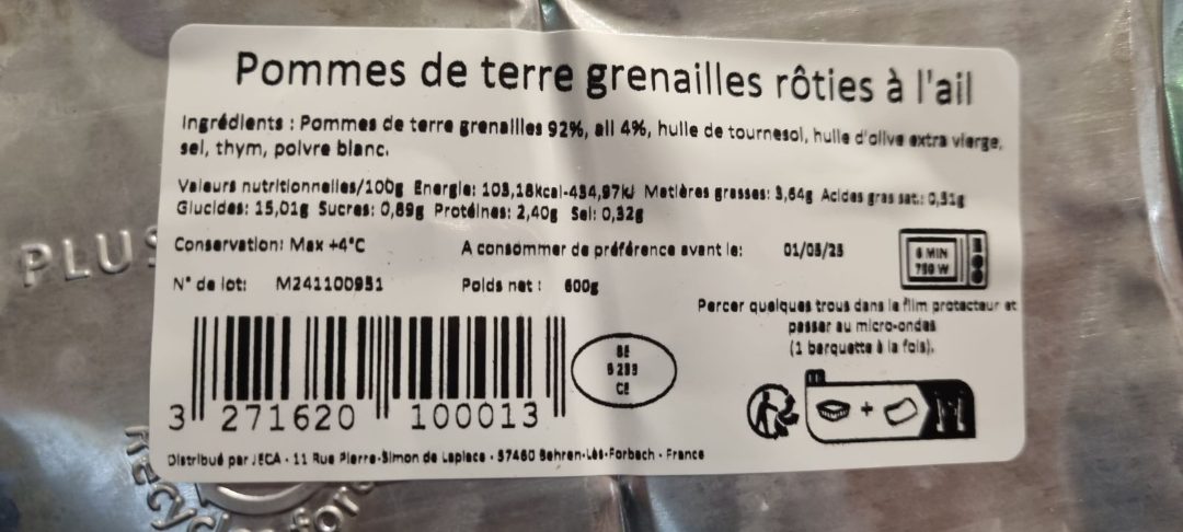 Pommes de terre grenailles rôties à l'ail 600g Distribué par Jeca : photo 2 sur 2 du produit rappelé le 02/01/2025