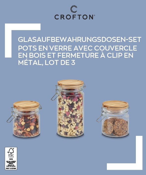 Pots en verre avec couvercle en bois et fermeture à clip en métal Crofton : photo 2 sur 2 du produit rappelé le 19/02/2025