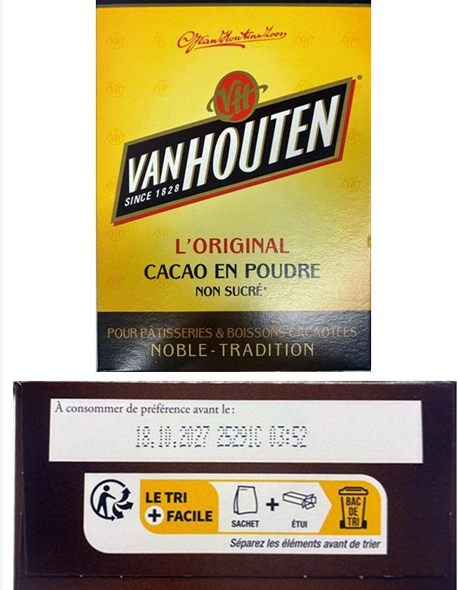 Poudre de cacao non sucré 255g Van Houten : photo du produit rappelé le 30/09/2026