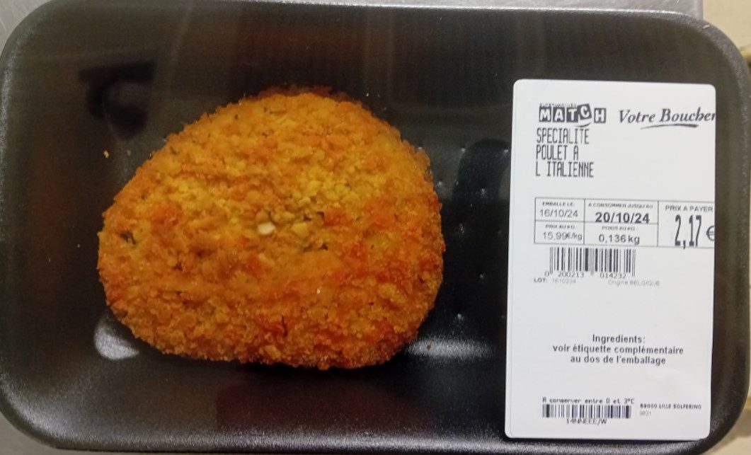 Poulet a l'italienne Supermarche Match : photo du produit rappelé le 22/10/2024