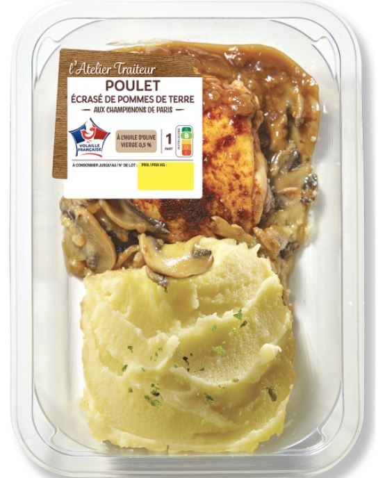 Poulet ecrase de pommes de terre aux champignons L’Atelier Traiteur : photo du produit rappelé le 01/04/2022