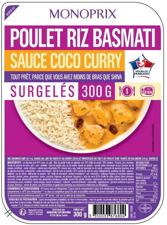 Poulet et riz basmati sauce coco curry surgeles Monoprix : photo du produit rappelé le 21/10/2022