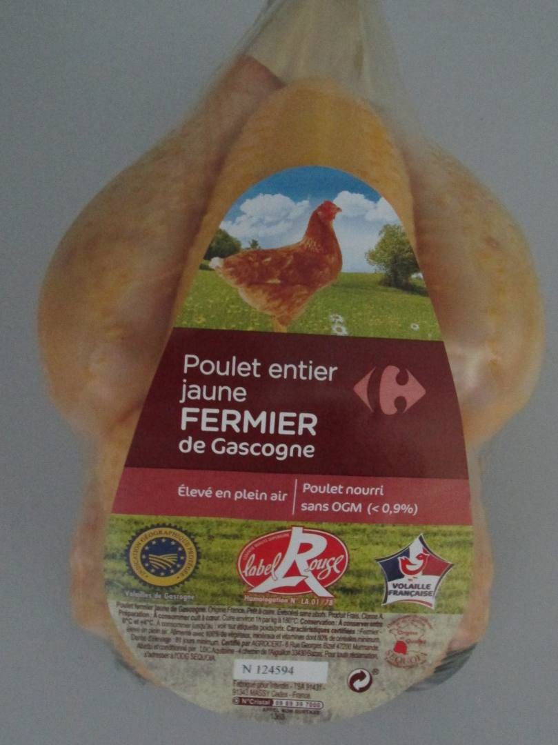 Poulet fermier entier jaune de gascogne Carrefour : photo du produit rappelé le 16/02/2024