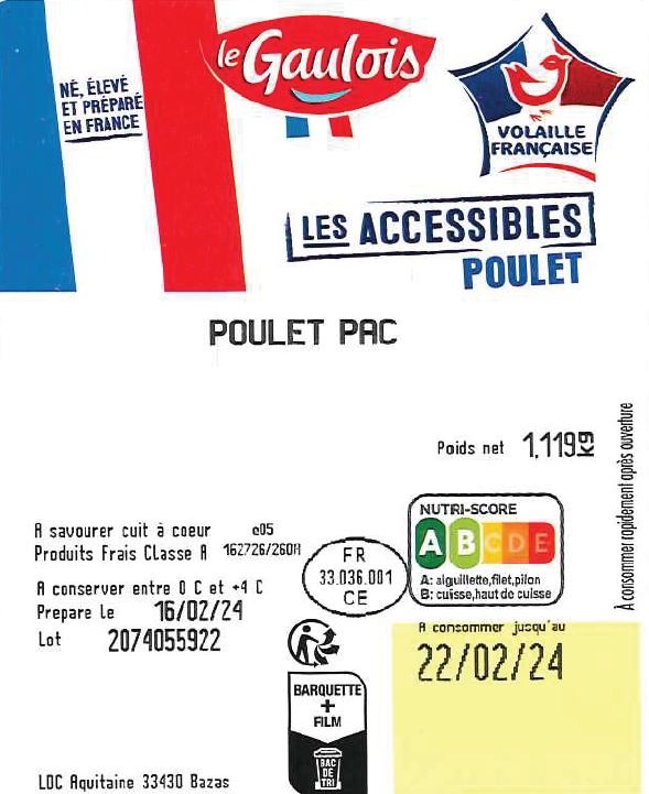 Poulet jaune sous film : photo 2 sur 2 du produit rappelé le 16/02/2024