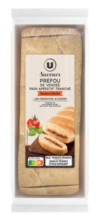 Préfou de vendée pain apéritif tranché tomate et basilic u saveurs 300g : photo du produit rappelé le 09/09/2024