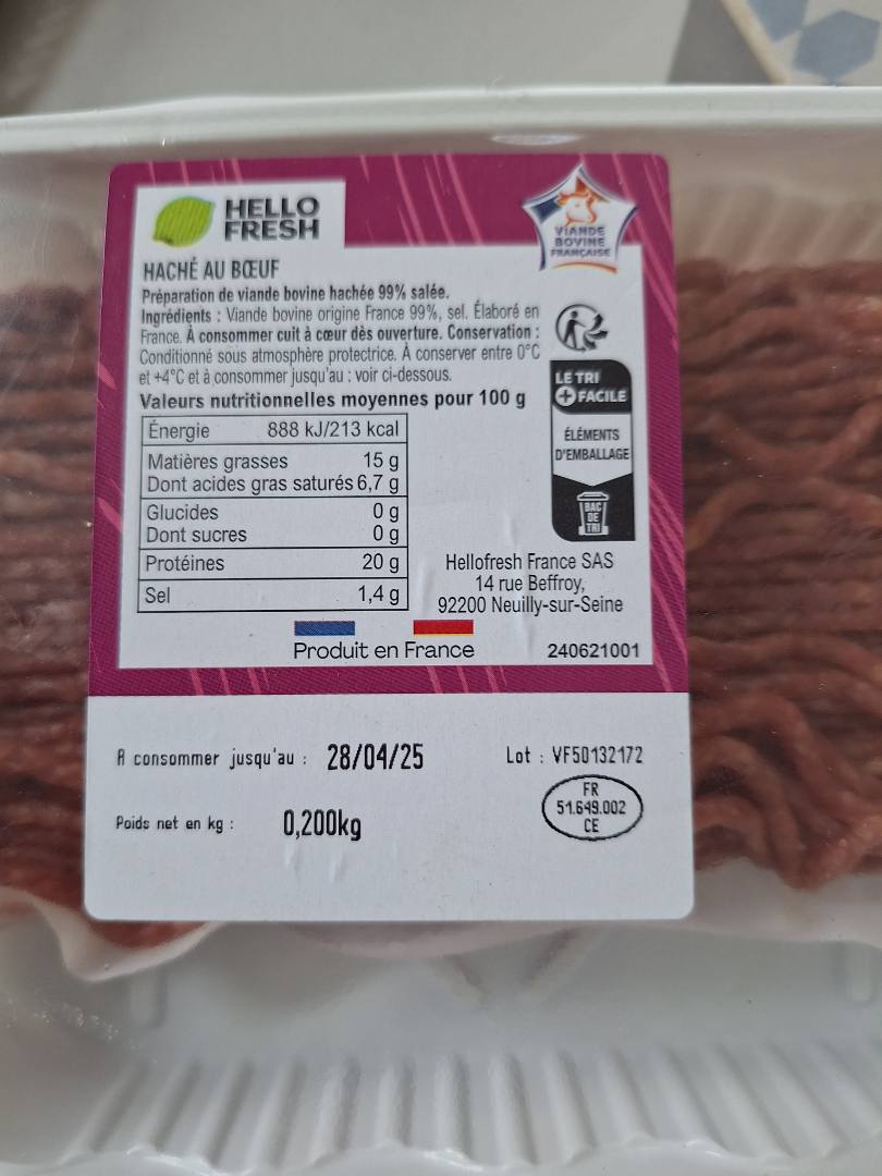 Préparation de viande bovine hachée 99% salé Hellofresh : photo du produit rappelé le 21/06/2025