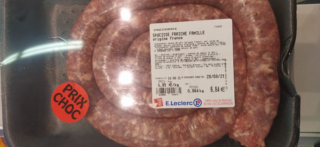 Produit de saucisserie (chair à farcir et saucisses) : photo du produit rappelé le 17/08/2021
