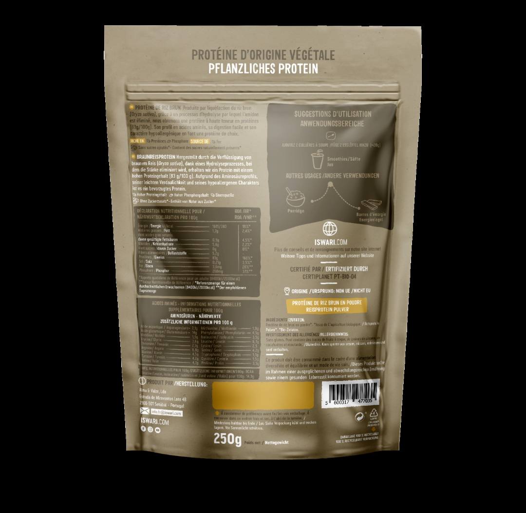 Proteine de riz bio 250g Iswari : photo 2 sur 2 du produit rappelé le 12/07/2024