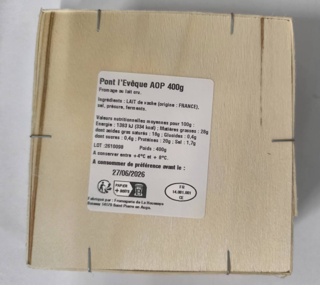 Pt l eveque AOP cru 400g La Houssaye : photo 2 sur 2 du produit rappelé le 28/05/2026