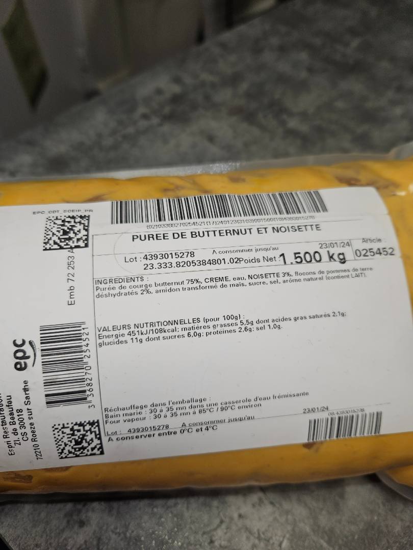 Puree butternut noisette 1.5kg Epc : photo du produit rappelé le 08/01/2024